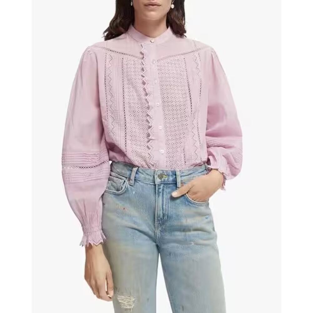 Scotch & Soda Schiffli Blouse M Black Organic Cotton Eyelet Lace Balloon Sleeve